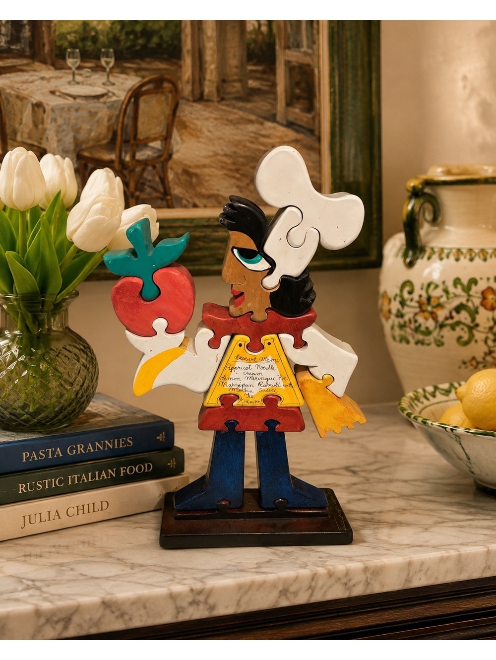 William Accorsi Dinner Menu Chef Signed Wooden Puzzle Folk Art Sculpture 15"